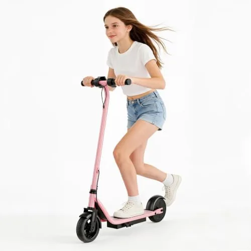 electric scooter for kids ages 6 14 250w motor 9 mph max speed 10 miles range led display dual brake system 65 solid tires lightweight kids e scooter pink